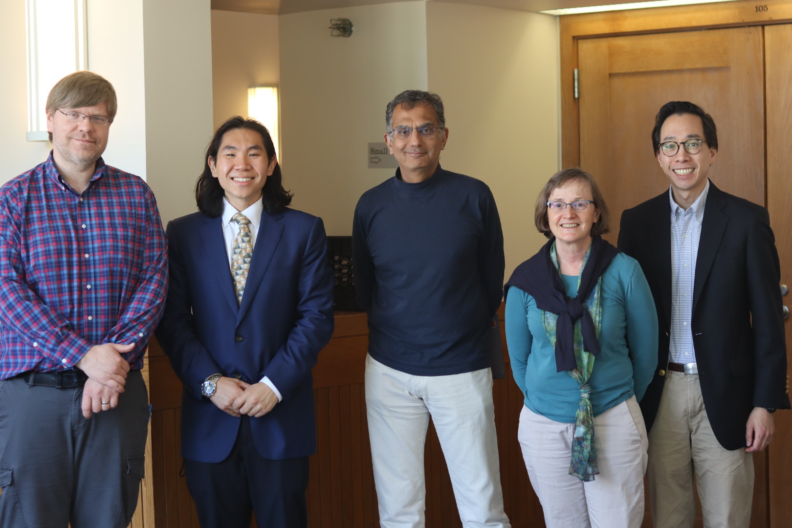 Left to right: David Wentzlaff, August Ning, Sharad Malik, Margaret Martonosi, and Benjamin C. Lee at August's FPO